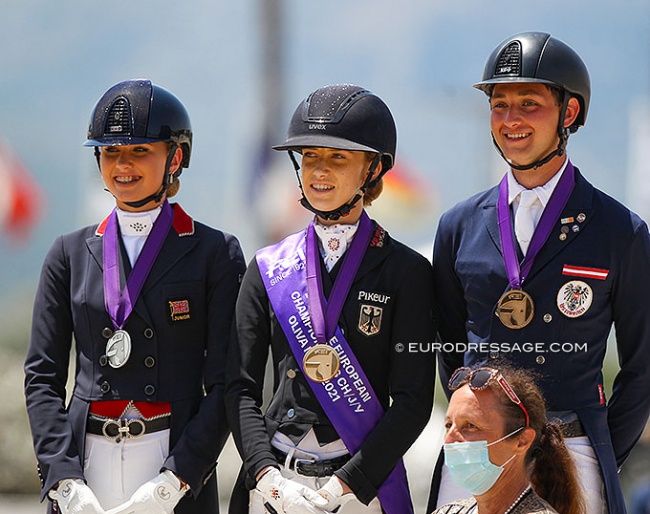 The junior individual test podium at the 2021 European Junior Riders Championships :: Photo © Astrid Appels