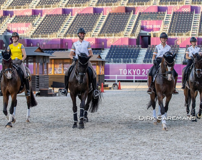 Belgian dressage team (Roos, Michiels, Pauluis, Fairchild) familiarizing their horses with the main stadium at the 2021 Olympics on 18 July 2021 :: Photo © Dirk Caremans