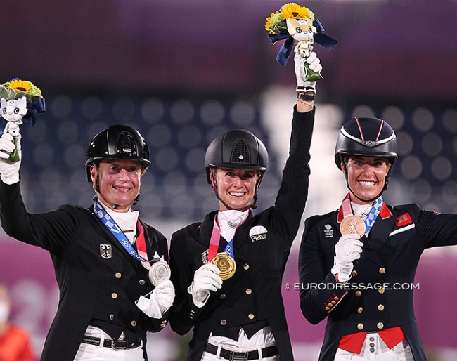 Isabell Werth, Jessica von Bredow-Werndl, Charlotte Dujardin on the individual podium at the 2021 Olympics :: Photo © Astrid Appels
