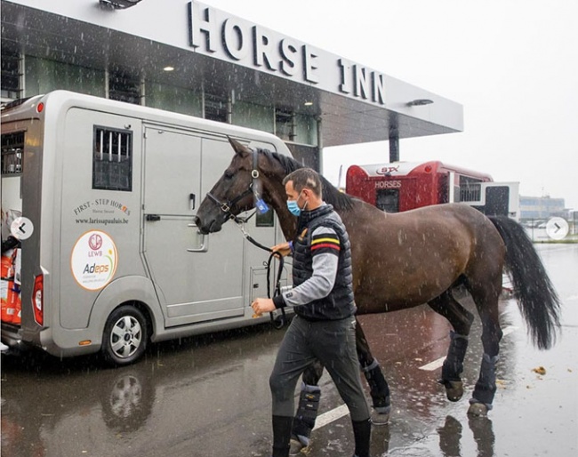 Belgian team rider Domien Michiels and Intermezzo van het Meerdaalhof arrive at Liege airport after pre-quarantine in Aachen :: Photo © Leanjo de Koster
