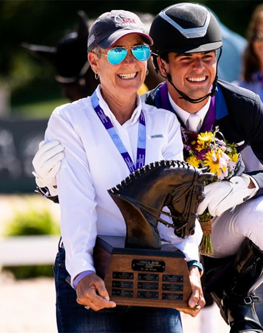 Roberta Williams a,d young rider Christian Simonson with the Fiona Baan trophy at the 2021 North American Youth Championships :: Photo © USEF