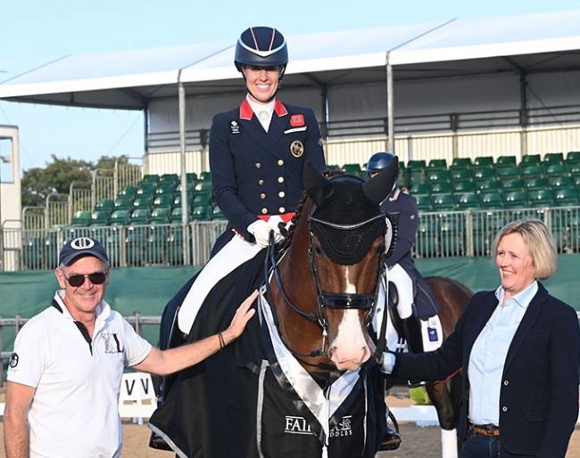 Groom Alan Davies, Charlotte Dujardin on Imhotep and Vanessa Fairfax of Fairfax Saddles at the 2021 British Dressage Championships :: Photo © Kevin Sparrow