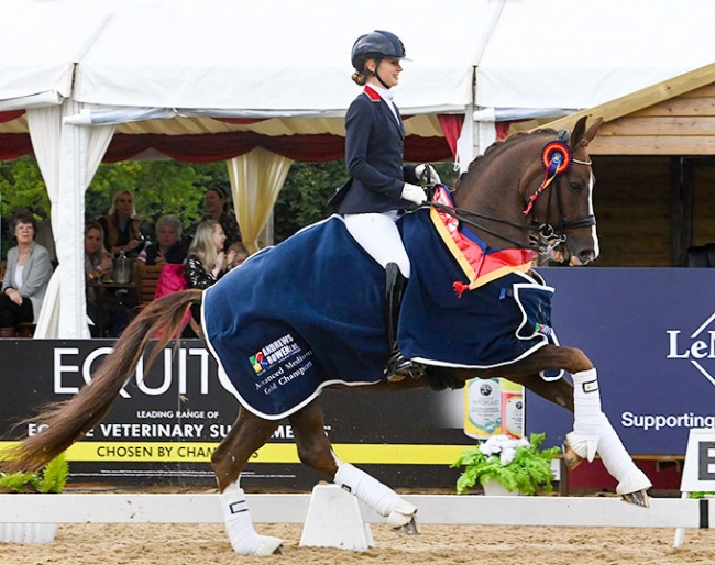 Annabelle Pidgley and Sultan des Paluds in the prize giving at the 2021 British Dressage Championships :: Photo © Kevin Sparrow
