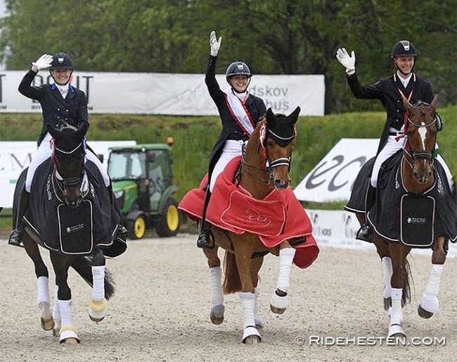 Merrald, Dufour and Bachmann in the lap of honour at the 2021 Danish Grand Prix Championships in Uggerhalne :: Photo © Ridehesten