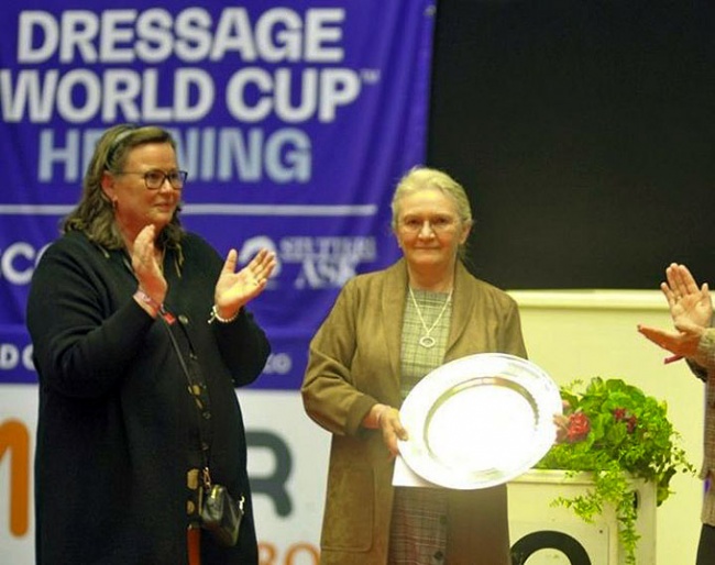 Hanni Toosbuy Kasprzak Hands Rigmor Kristensen the 2021 Lis Hartel Memorial Trophy :: Photo © Zibrasport