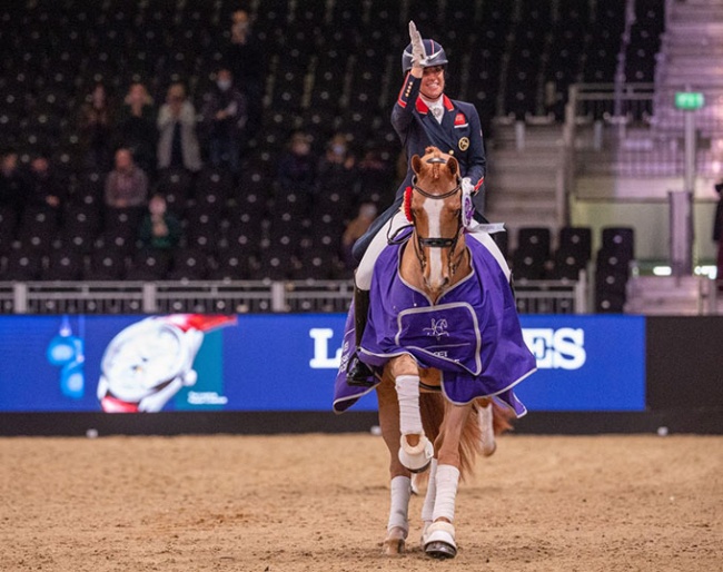 Charlotte Dujardin and Sarah Pidgley's Gio win the short Grand Prix at the 2021 CDI-W London ExCel :: Photo © Jon Stroud