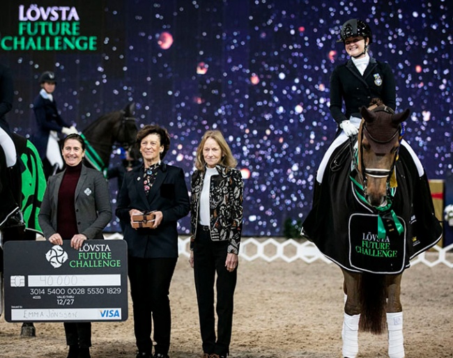 Tinne Vilhelmson and Antonia Ax:son Johnson of Lovsta, flanked by judge Isobel Wessels with Developing GP horse winner Emma Jonsson on Gerion :: Photos © Johanna Blixbo