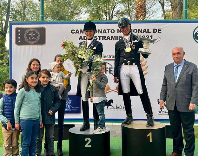 The Grand Prix podium with Lourdes Ariza Alducin and Santiago Ortiz Diez at the 2021 Mexican Dressage Championships