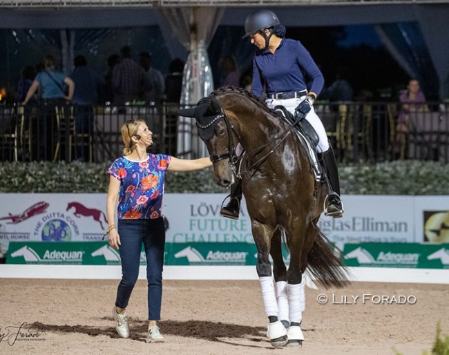 Jessica von Bredow-Werndl gives a masterclass at the 2022 CDI Wellington and shares here wisdom and experience with Ali Potasky and the audience :: Photo © Lily Forado