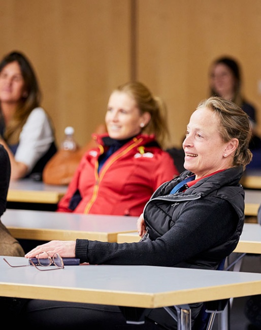Defending champion Isabell Werth from Germany (right), and German star Jessica von Bredow-Werndl (background left) at the draw for the Short Grand Prix at the 2022 World Cup™ Final in Leipzig (GER). They will go head to head for the title :: Photo © Liz Gregg