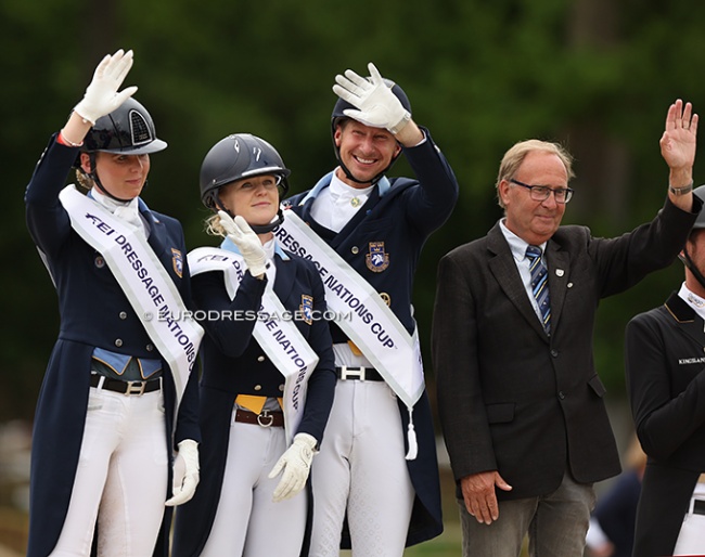 Antonia Ramel, Juliette Ramel and Patrik Kittel joined by Swedish chef d'equipe Bo Jena on the podium at the 2022 CDIO Compiègne :: Photo © Astrid Appels