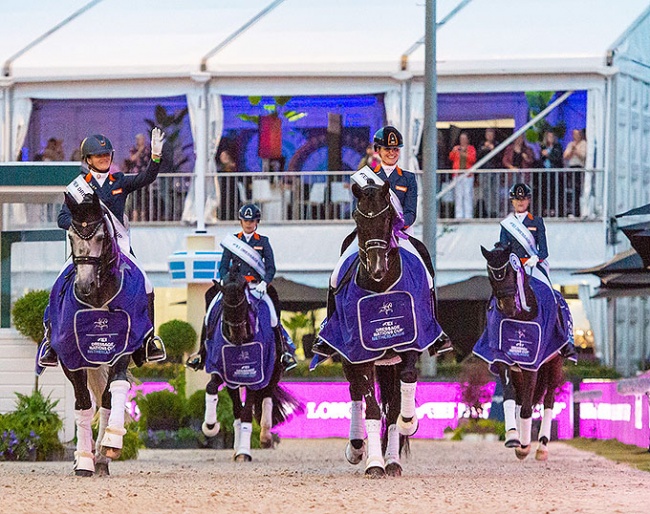 The lap of honour,  from left to right - Thamar Zweistra and Hexagon’s Ich Weiss, Lynne Maas and Eastpoint, Emmelie Scholtens and Indian Rock, and Dinja van Liere with Hermes of the Netherlands - winners of the FEI Dressage Nations Cup 2022 - Rotterdam :: Photo © Shannon Brinkman