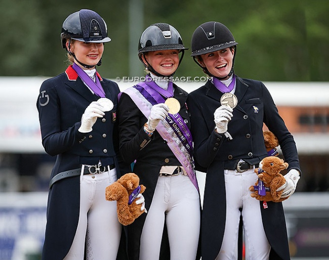 The Kur podium with Pidgley, Obel and Juglaret at the 2022 European Junior Riders Championships :: Photo © Astrid Appels