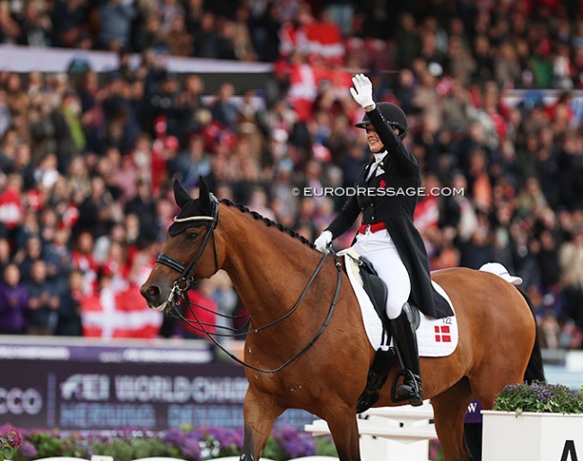 Cathrine Dufour rides the Grand Prix high score of the day and puts Denmark on the gold step of the podium at the 2022 World Championships Dressage :: Photo © Astrid Appels