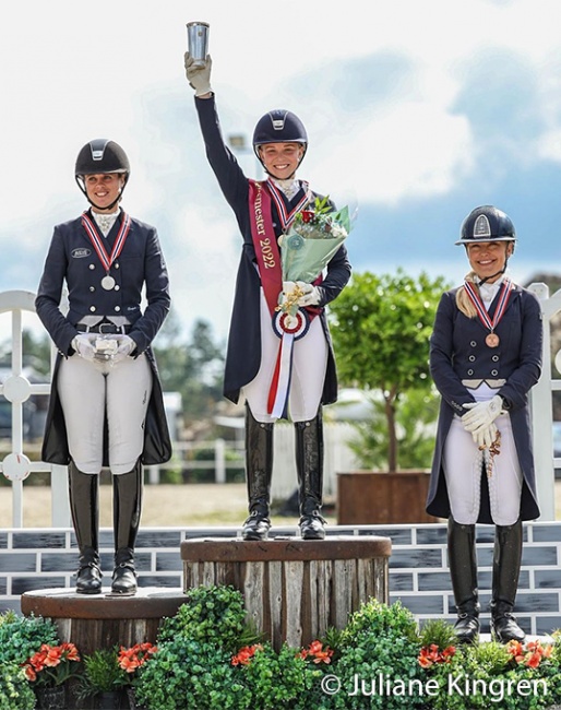 The Grand Prix podium at the 2022 Norwegian Dressage Championships in Kristiansand :: Photo © Juliane Kingren