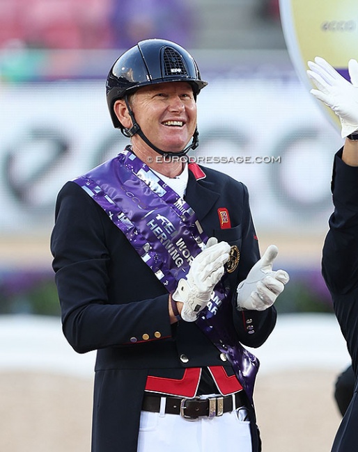 Gareth Hughes on the podium for team silver at the 2022 World Championships Dressage :: Photo © Astrid Appels