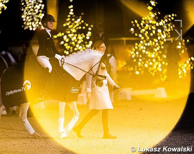 Rose Oatley and Daddy Moon entering the arena for the prize giving ceremony at the 2022 CDI-PJYR Aachen :: Photos © Lukasz Kowalski