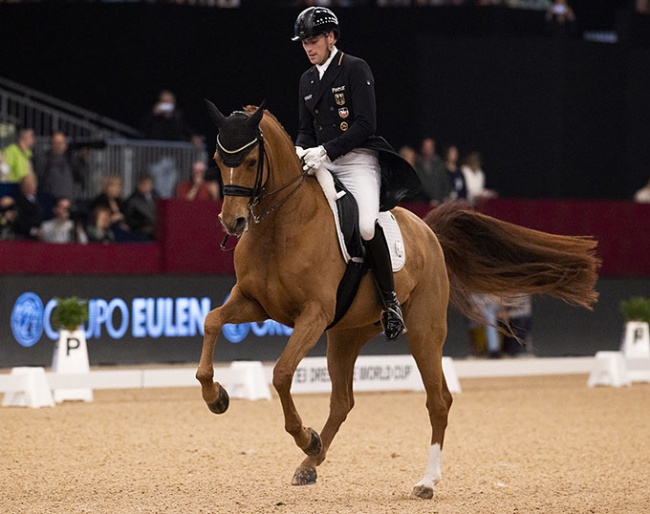 Germany’s Frederic Wandres and Duke of Britain FRH enjoy a quiet moment of reflection during the prizegiving after winning tonight’s FEI Dressage World Cup™ 2022/2023 Western European League qualifier in Madrid :: Photos © Nacho Olano)