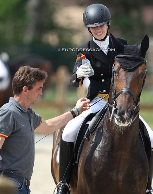 Rudolf Zeilinger coaching Josephine Rosen on Global at the 2021 CDI Grote Brogel :: Photo © Astrid Appels