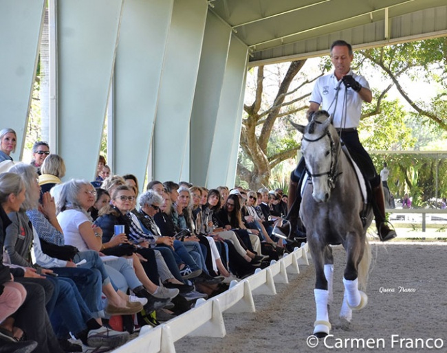 Pedro Torres demonstrating his principle of "opening the jacket" on Nero (by Riopele x Vasquito) at the first U.S Lusitano Conference at May Faire Oaks Farm in Loxahatchee, Florida :: Photos © Carmen Franco