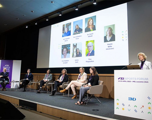 FEI Sports Forum 2023. Interim Report from the Equine Ethics and Wellbeing Commission. Professor Dr Nathalie Waran (NZL), Professor Dr Kathalijne Visser (NED), Dr Camie Heleski (USA), Professor Madeleine Campbell (GBR), Ms Jessica Stark (GBR), Theo Ploegmakers and Moderator: Ms Grania Willis (IRL) :: Photo © Richard Juilliart