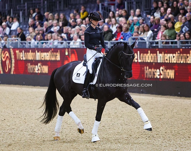 Charlotte Fry riding the now 5-year old Nalegro in a masterclass at the 2022 CDI-W London last December :: Photo © Astrid Appels