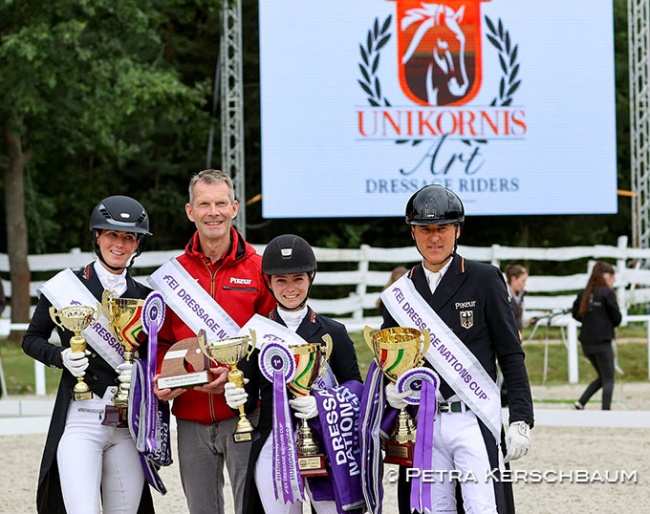 Germany's Lisa Müller, chef d'equipe Goetz Brinkmann, Franziska Stieglmaier and Rudolf Widmann win the FEI Nations Cup at the 2023 CDIO Pilisjaszfalu :: Photo © Petra Kerschbaum