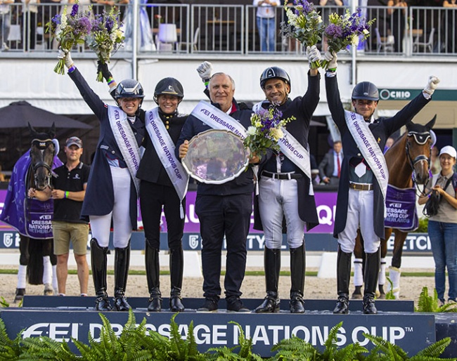 French team wins the FEI Dressage Nations Cup™ 2023, Rotterdam (NED) Morgan Barbancon, Pauline Basquin, Jean Morel, Alexandre Ayache, Corentin Pottier :: Photo © Digishots