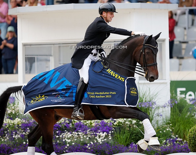 Frederic Wandres rode the 2023 CDIO Aachen 4* GP prize giving on Harmony's Diabolo :: Photo © Astrid Appels