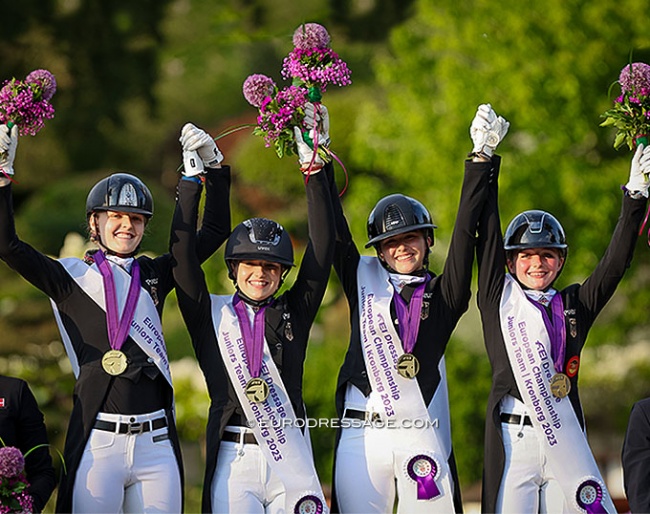 Germany wins team gold at the 2023 European Junior Riders Championships: Allegra Schmitz-Morkramer, Lana Pinou Baumgürtel, Josephine Ruppert and Rose Oatley :: Photo © Astrid Appels