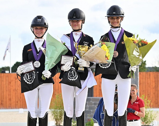 Julie Schmitz-Heinen, Lilly Marie Collin and Liezel Everars on the individual podium at the 2023 European Pony Championships :: Photo © Les Garennes