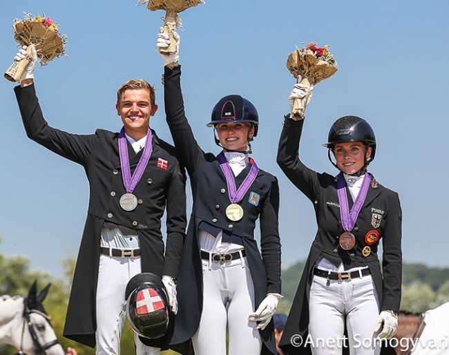 The Kur podium with Helgstrand, Pidgley, Lang at the 2023 European Young Riders Championships :: Photo © Anett Somogyvari