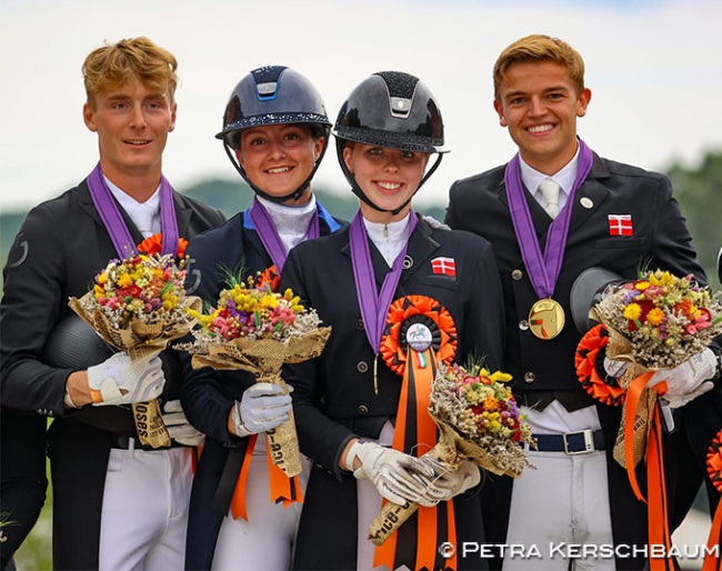 Team gold for Denmark at the 2023 European Young Riders Championships: Kristian Wurtz Green, Sophia Ludvigsen, Frederikke Gram Jacobsen, Alexander Yde Helgstrand on the highest step of the podium:: Photo © Petra Kerschbaum