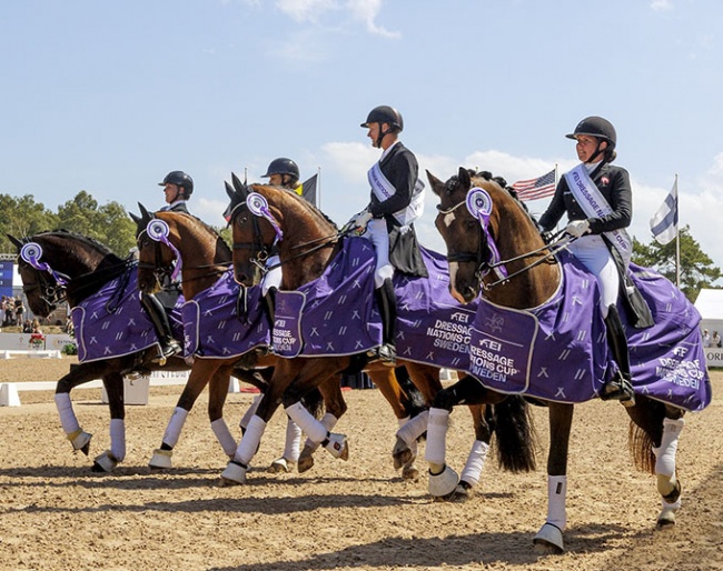 Team Denmark, winners of the FEI Dressage Nations Cup™ of Falsterbo (SWE) - Anne Marie Hosbond riding Scarlett 712, Anna Zibrandtsen riding Quel Filou, Daniel Bachmann Andersen riding Zippo M.I., Nadja Aaboe Sloth riding Favour Gersdorf:: Photo © Leanjo de Koster