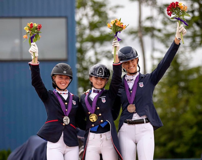 Sienna Rowe, Madison Sumner and Allison Berger on the junior Kur podium at the 2023 North American Youth Championships :: Photo © USA Dressage