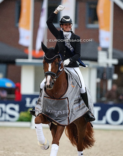 Betina Jaeger and Quinn G win the 5-year old finals test at the 2023 World Young Horse Championships :: Photo © Astrid Appels