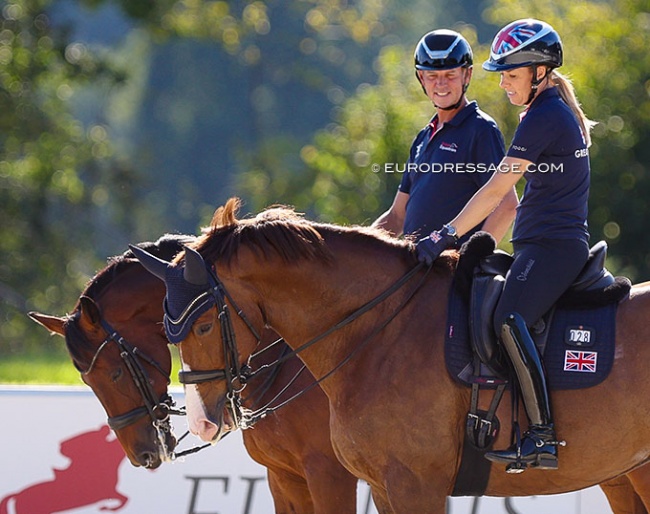 Carl Hester and Charlotte Dujardin in the warm up arena at the 2023 European Dressage Championships :: Photo © Astrid Appels