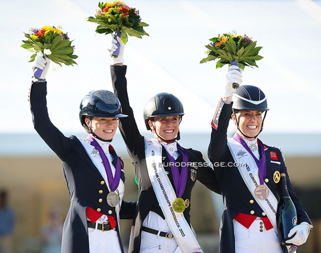 Charlotte Fry, Jessica von Bredow-Werndl and Charlotte Dujardin on the Kur podium at the 2023 European Dressage Championships :: Photos © Astrid Appels