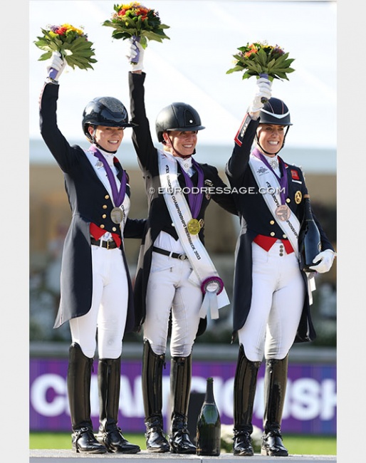 Charlotte Fry, Jessica von Bredow-Werndl and Charlotte Dujardin on the Kur podium at the 2023 European Dressage Championships :: Photo © Astrid Appels