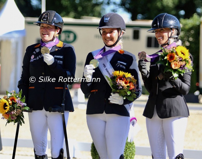 The individual Grade IV podium with Sanne Voets, Demi Haerkens and Manon Claeys at the 2023 European Para Dressage Championships :: Photos © Silke Rottermann