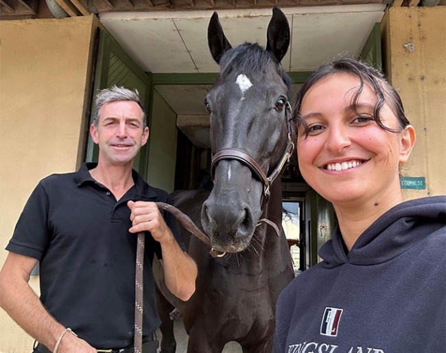 Trainer Sébastien Goyheneix, Zeus de Malleret and French para dressage rider Chiara Zenati who became the 2023 European Reserve Para Champion in Grade III