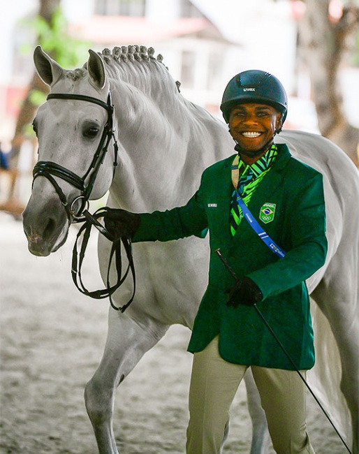 Brazil's Renderson Oliveira with Fogoso Campline in the horse inspection for the 2023 Pan American Games :: Photo © FEI