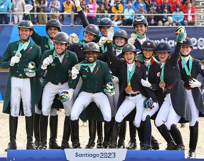 The team medal podium at the 2023 Pan American Games: Gold for USA, Silver for Brazil, Bronze for Canada :: Photo © FEI
