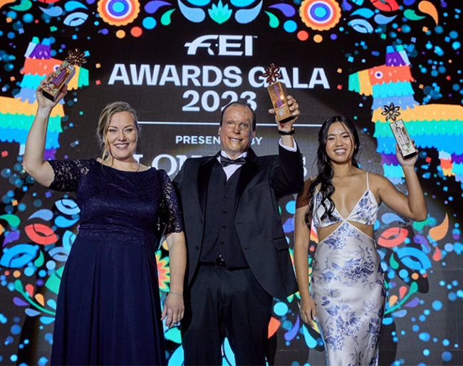 FEI Awards Gala in Mexico City (MEX): Emma Uusi-Simola (FIN) with the FEI Best Groom Award - Federico Fernández Senderos (MEX) with the FEI Inspire Award - Mimi Gochman (USA) with the FEI Rising Star Award. Von Bredow-Werndl did not to attend and joined via video :: Photo © FEI / Liz Gregg