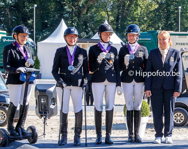 After five years Germany is back on the team podium in para dressage. New team trainer Silke Futterer-Sommer on the right :: Photo © Hippofoto.be