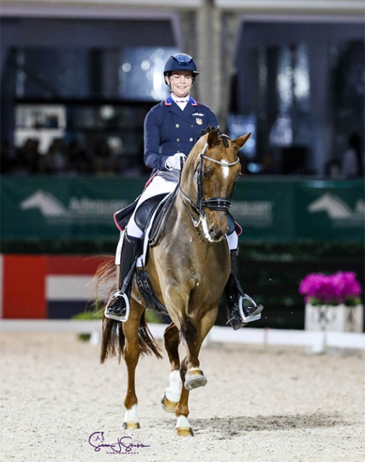 Anna Marek and Fayvel competing under floodlights at the 2024 CDI-W Wellington :: Photo © Sue Stickle