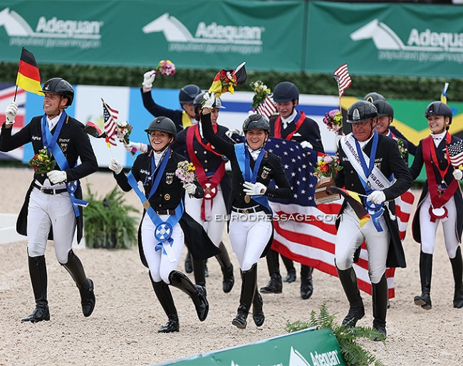 The FEI Nations Cup participants at the 2024 CDIO Wellington run their lap of honour :: Photo © Astrid Appels