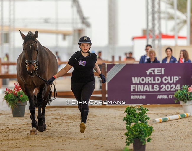 Lithuanian Justina Vanagaite and Nabab trotting up in the horse inspecton at the 2024 World Cup Finals in Riyadh :: Photo © Dirk Caremans