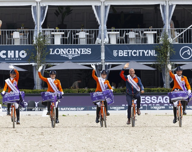 A lap of honour, Dutch style: not on horseback but on bikes at the 2024 CDIO Rotterdam :: Photos © Digishots