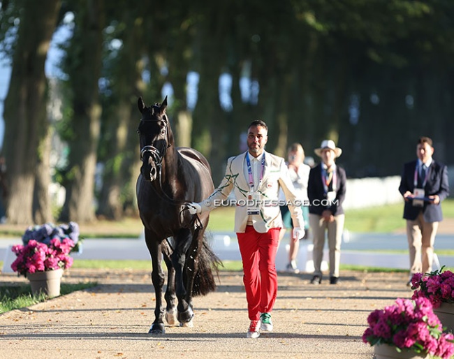 Moroccan Yessin Rahmouni and All at Once were the first to trot up in the horse inspection at the 2024 Olympic Games in Paris :: Photo © Astrid Appels
